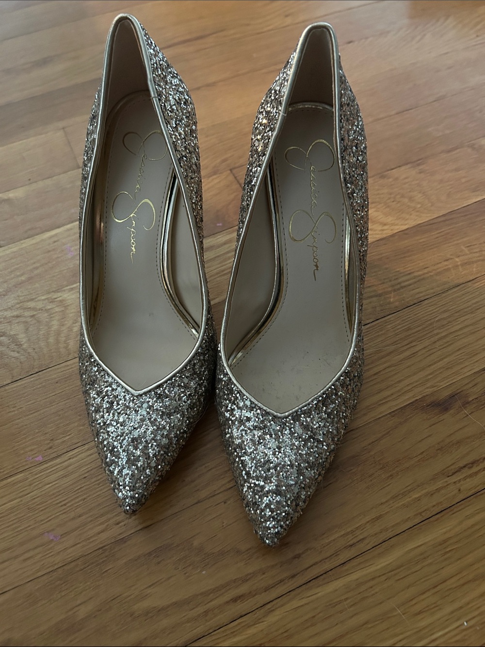 Jessica Simpson Glitter Pointed Toe Pumps in Metallic Gold